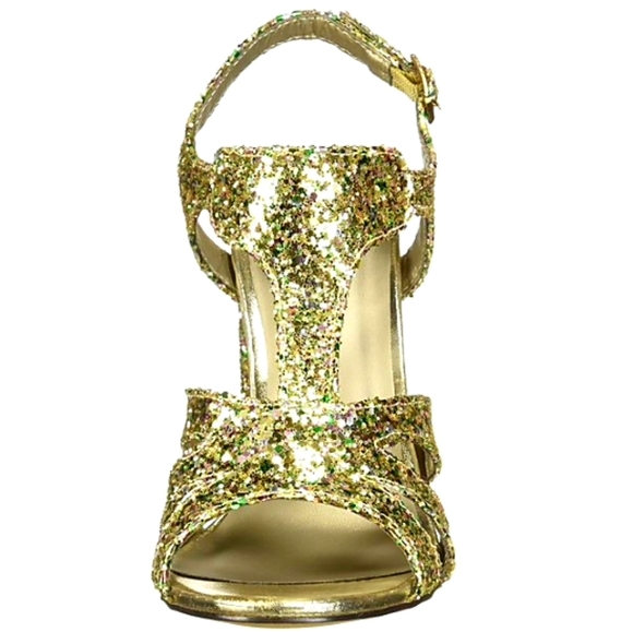 Galia Heel Gold Glitter Block-heel Sandals - Size US 10 - Picture 3 of 4